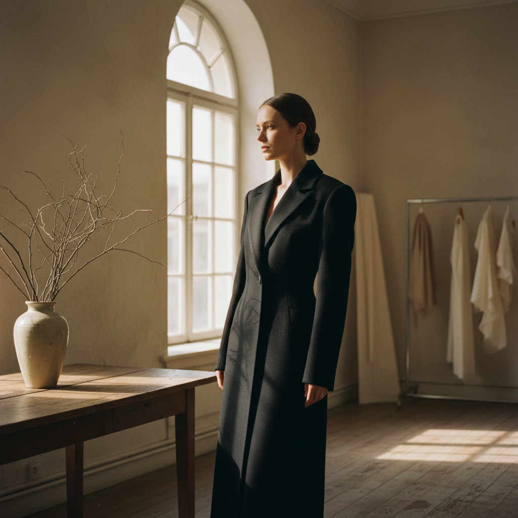 Editorial fashion atelier showing a tailored coat on a model — the look virtual try-on should match