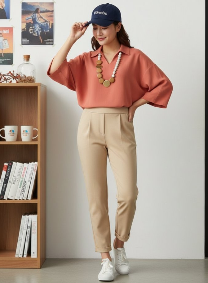 Person wearing multiple fashion items - hat, top, pants, necklace, and earrings