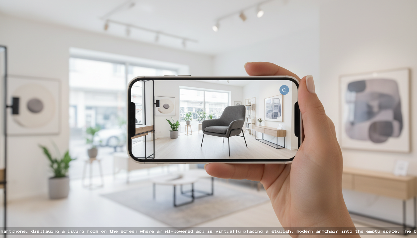 A smartphone screen showing a virtual try-on app placing an armchair into a photo of a living room.
