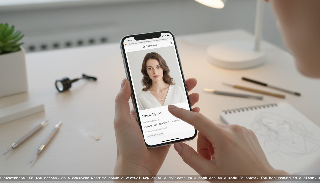 A smartphone screen showing an AI virtual try-on of a gold necklace on a jewelry e-commerce website.