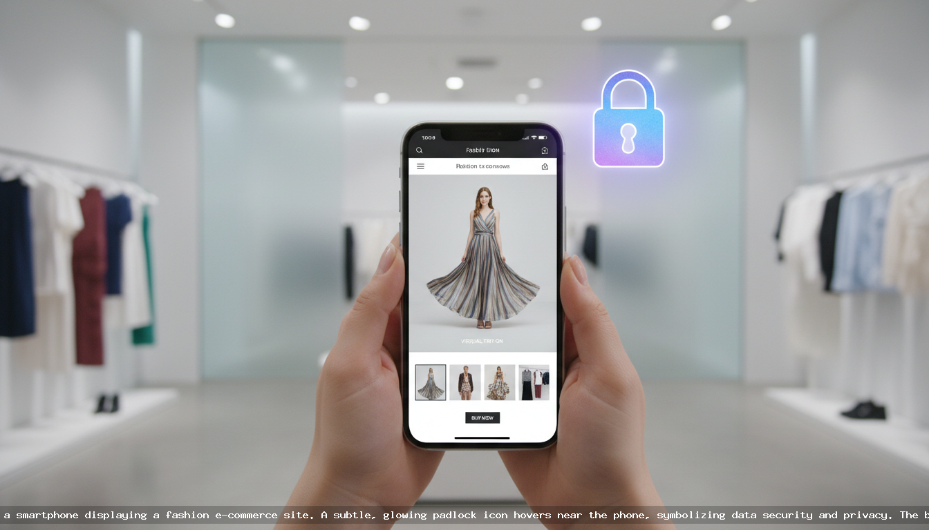 A person holding a smartphone showing an online clothing store, with a padlock icon symbolizing the security of virtual try-on data privacy.