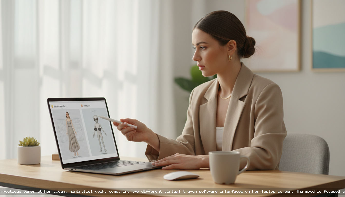 A merchant at a desk evaluating different virtual try-on software solutions on a laptop.